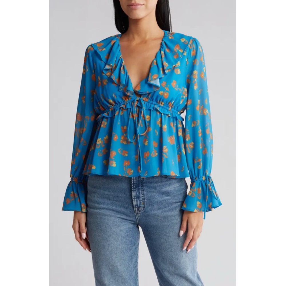 Endless Rose Golden Floral Ruffle Deep V-Neck Chiffon Top, XS
